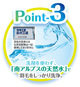 西川の羽毛ふとんリフォーム 「南アルプスの天然水」 で、羽毛をしっかり洗浄。